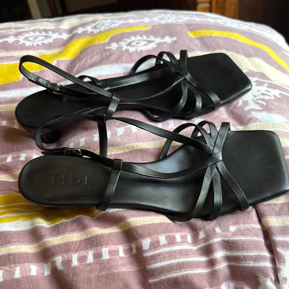 Tibi Brooks low heel black leather sandals, size 40, EUC, $125.